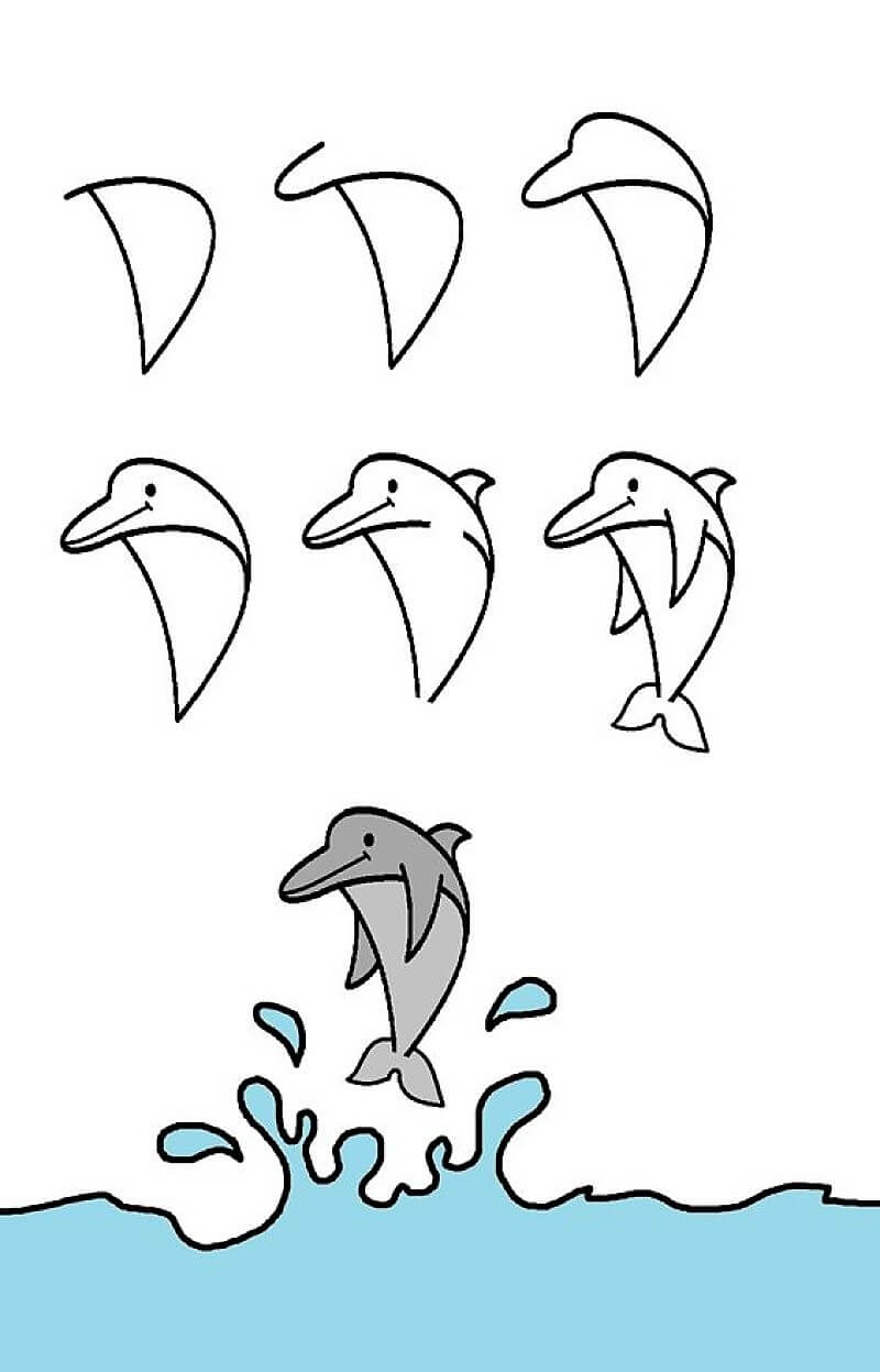 Delfiini hyppää merellä piirustus