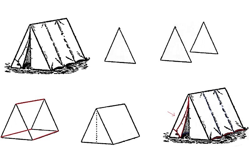 Pitkä, kolmion muotoinen teltta piirustus