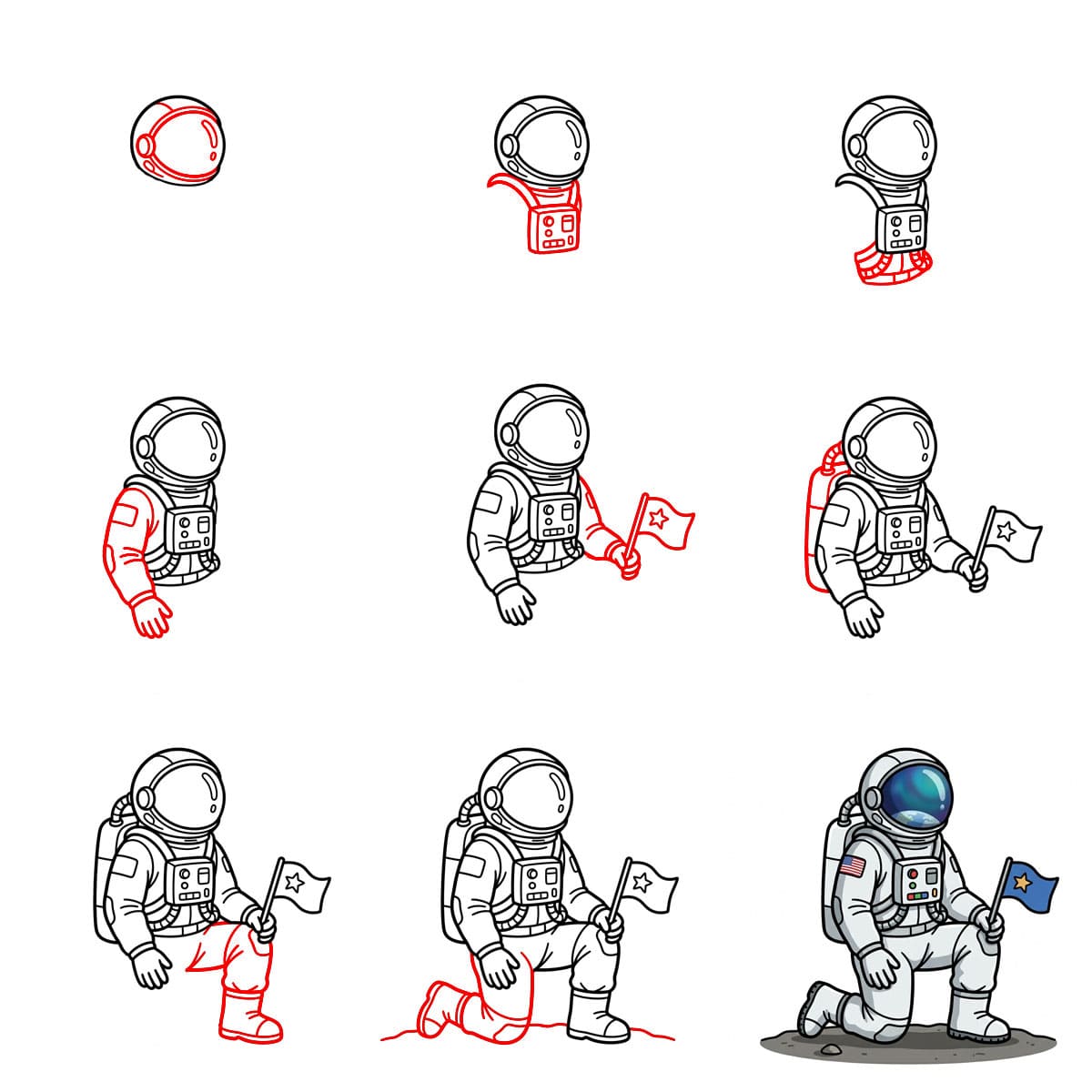 Astronautti polvistuu piirustus