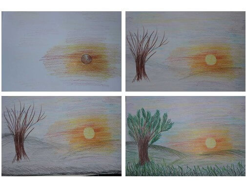 Auringonlasku niityllä (2) piirustus