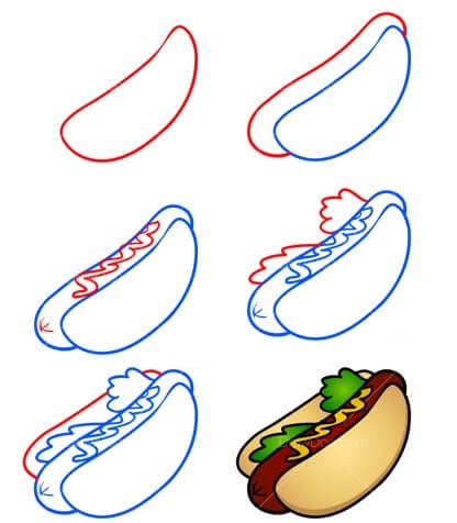 Yksinkertaisen hotdogin piirtäminen piirustus