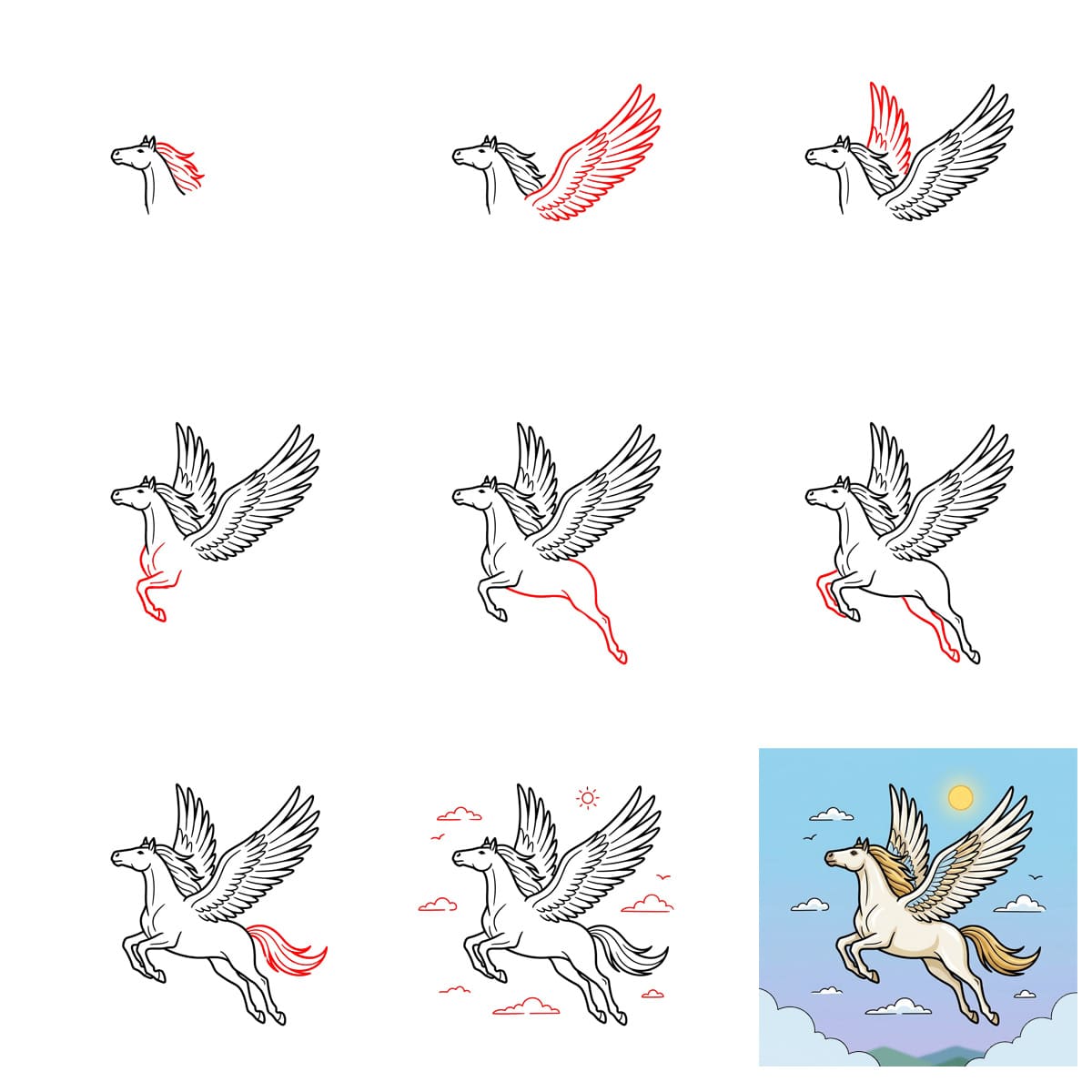 Pegasos taivaalla piirustus