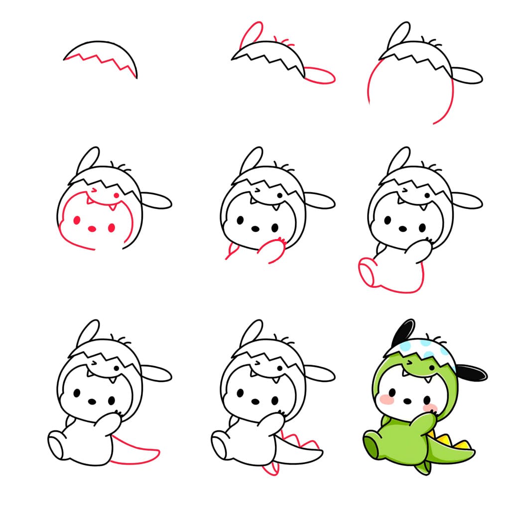 Pochacco dinosauruksen kanssa piirustus