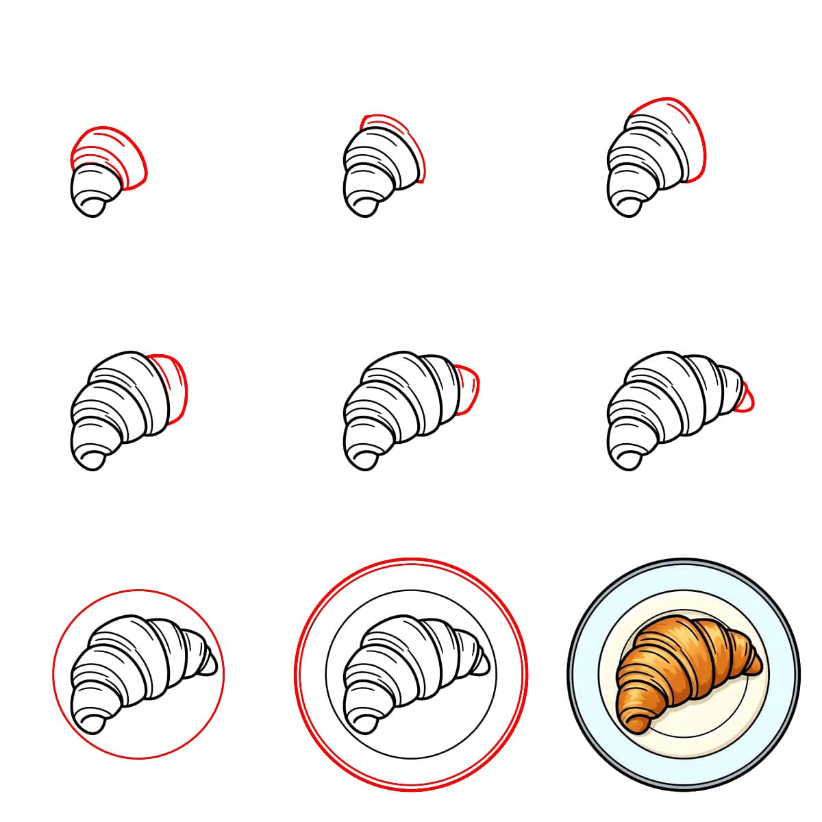 Croissant kulmassa lautasella piirustus