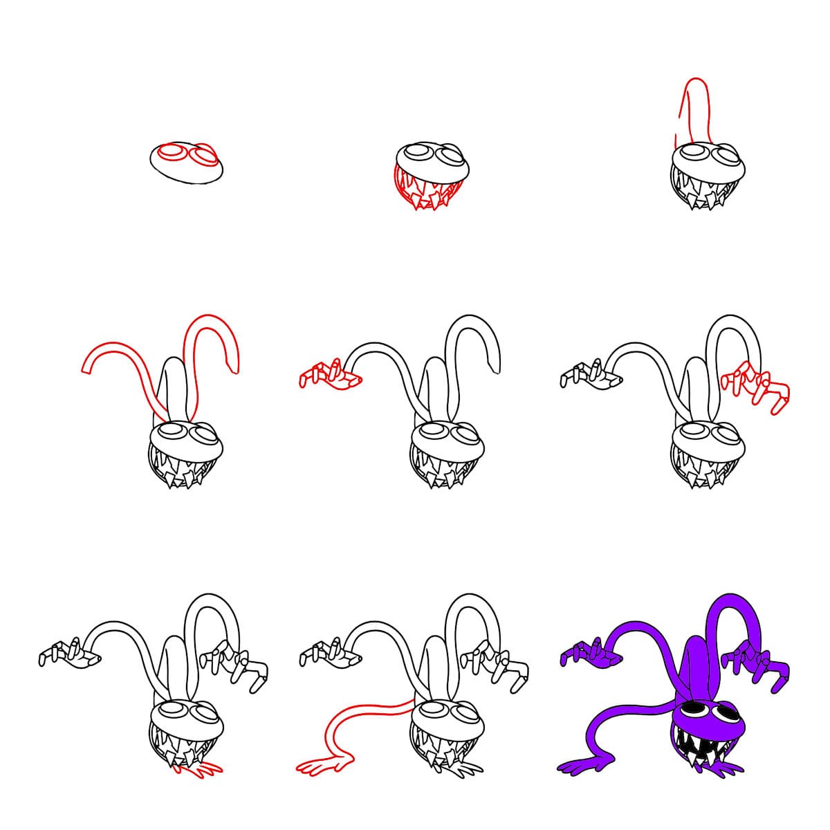 Pelottava Purple Rainbow Friend piirustus