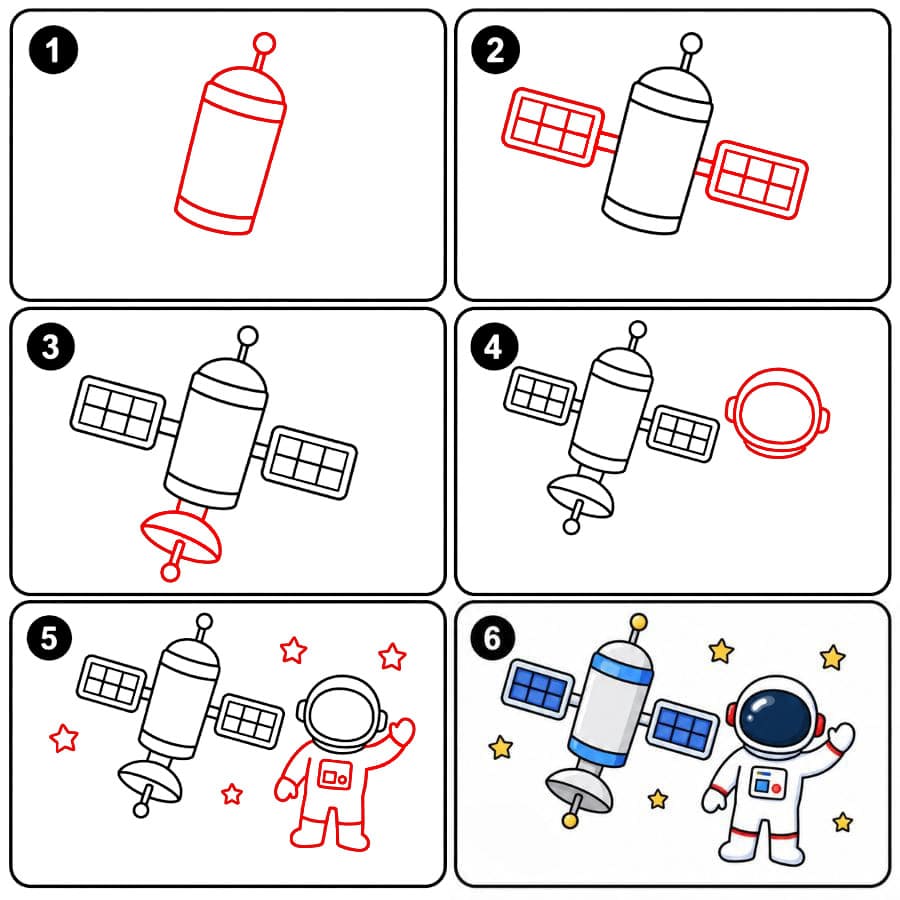 Satelliitti ja astronautti piirustus