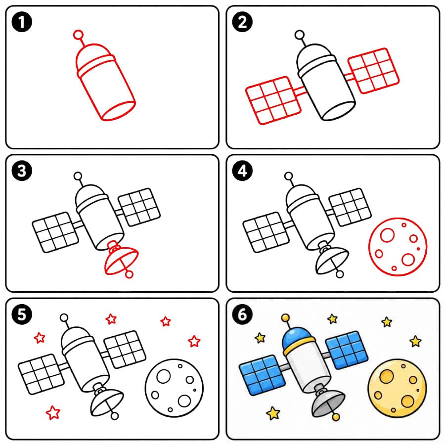 Satelliitti ja kuu näkymä piirustus