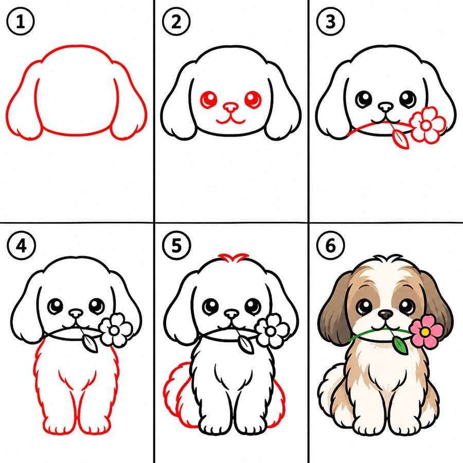 Shih tzu pitelee kukkaa piirustus